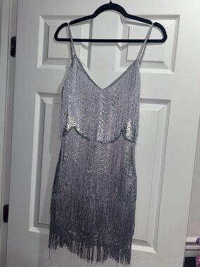 Lulu's Silver Sequin Fringe Mini Dress